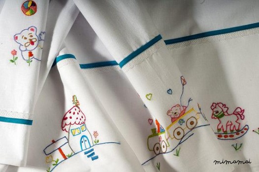 Baby linen sheet pillowcase hand embroidered carousel cradle stroller nursery christening gift