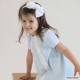 Summer girls dress, blue and white polka dot cotton with ruffled lace