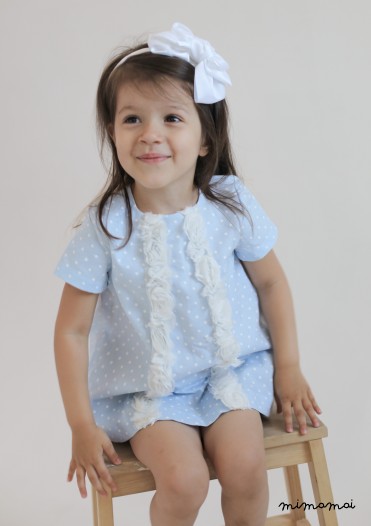 Summer girls dress, blue and white polka dot cotton with ruffled lace