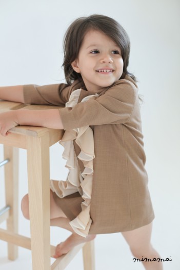 Warm beige girl dress with chiffon ruffles