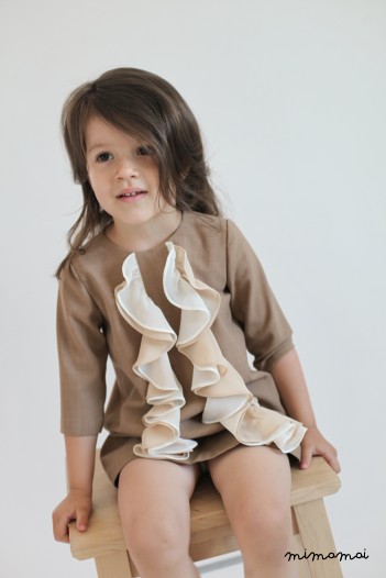 Warm beige girl dress with chiffon ruffles