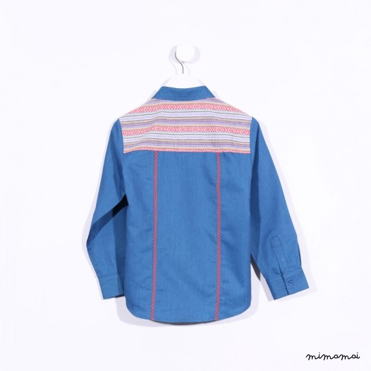 Long-sleeved Shirt with Embroidery denim and orange