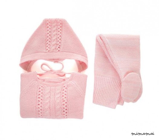 Maglia bambino insieme. Maglione, berretto e body. Rosa. 100% lana merino.