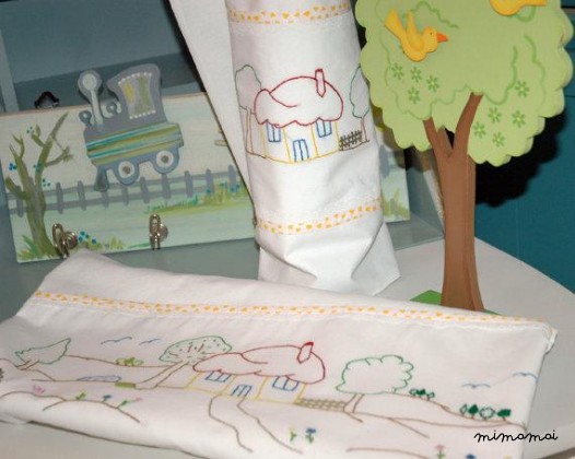 baby linen sheet pillowcase hand embroidered cradle stroller walk in the countryside nursery