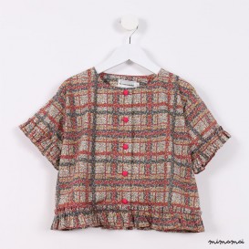 Frilly Button-down Top orange and green