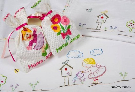 Lenzuola di lino del bambino e federa, culla di ricamo, navicella o passeggino biancheria da letto