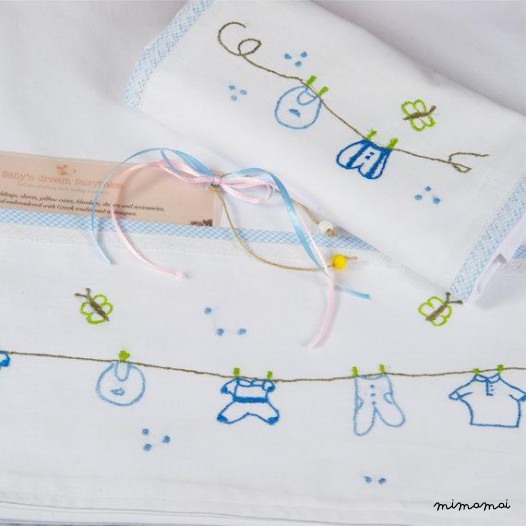 baby linen sheet pillowcase,hand embroidered, cradle stroller nursery, blue color