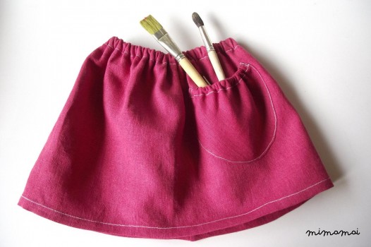 Raspberry red linen skirt with puffed pocket
