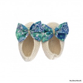 Chaussons ballerines &eacute;cru n&oelig;ud liberty fleuri bleu