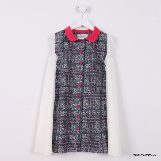Button-down Dress with Frills blue and pink