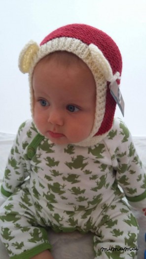 baby bear, baby ears hat in Red and Cream 6-12 months