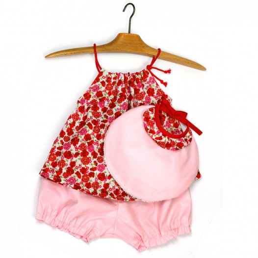 ensemble-fille-tunique-bloomer-fleurs-rouge-rose-ete-bavoir