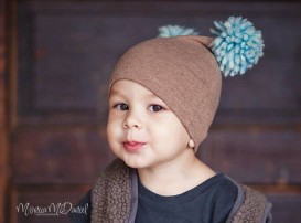 Boy's Cotton Beanie, Toddlers Jersey Hat, Kids Beanie, Tan Pom Pom hat