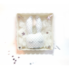 Hochet "Pacco le lapin trop beau", coton blanc pois &eacute;toile argent&eacute;e
