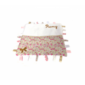 Doudou &eacute;tiquettes noeud dor&eacute; Liberty Eloise rose personnalisable