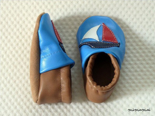 A mano morbida pelle suola scarpa - nave, marrone-blu per bambino, bambino, bambini
