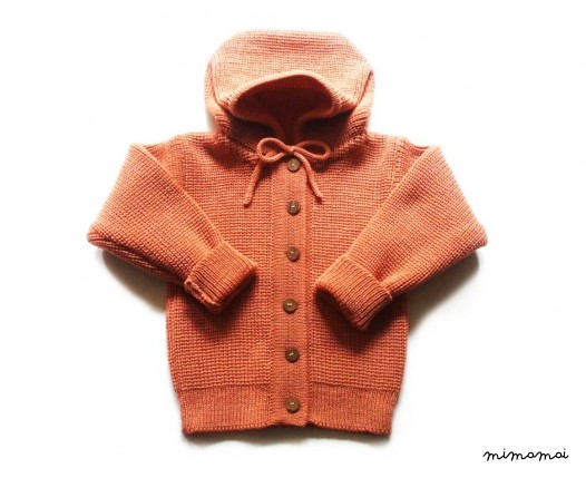 Children's Virgin wool Hooded Cardigan with handmade oak buttons