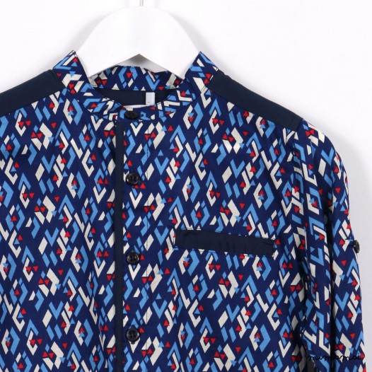 Long-sleeved Mandarin Shirt blue graphic print