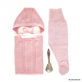 Maglia bambino insieme. Maglione, berretto e body. Rosa. 100% lana merino.