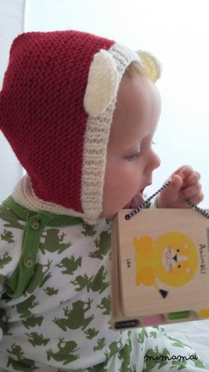 baby bear, baby ears hat in Red and Cream 6-12 months