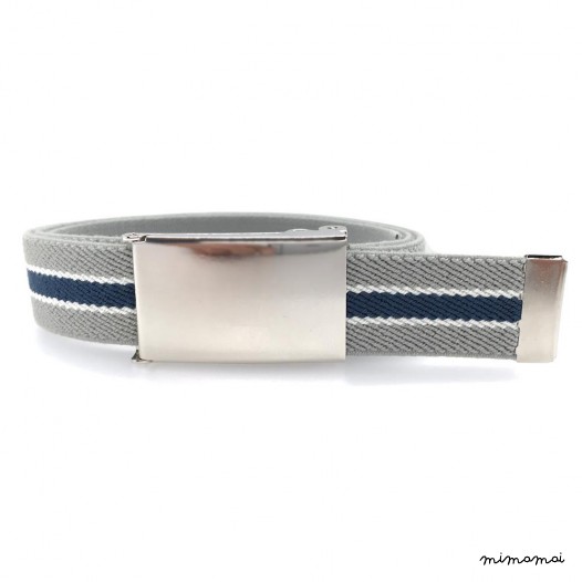 Grey belt, metal buckle with navy-blue and white stripes