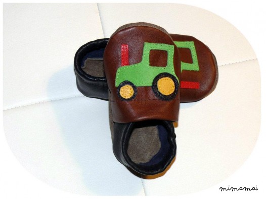 A mano in pelle morbida suole - trattore, traccia, verde-blu-marrone per bambino