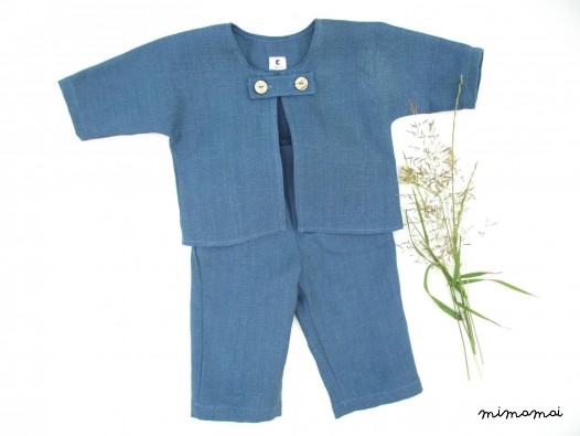 Natural linen baby jacket. Teal
