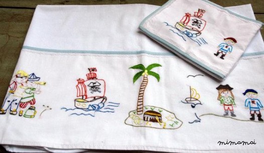 Pirates baby sheet pillowcase hand embroidered cradle stroller nursery