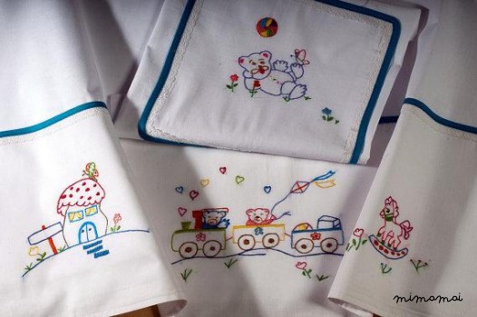 Baby linen sheet pillowcase hand embroidered carousel cradle stroller nursery christening gift