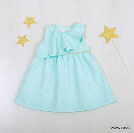 Sleeve-less dress, 100% cotton toddler dress, Aqua colour girls dress, Golden dots dress