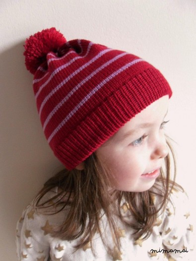 Bobble Knit Hat/ Children wool Hat, Ruby Red & Lilac