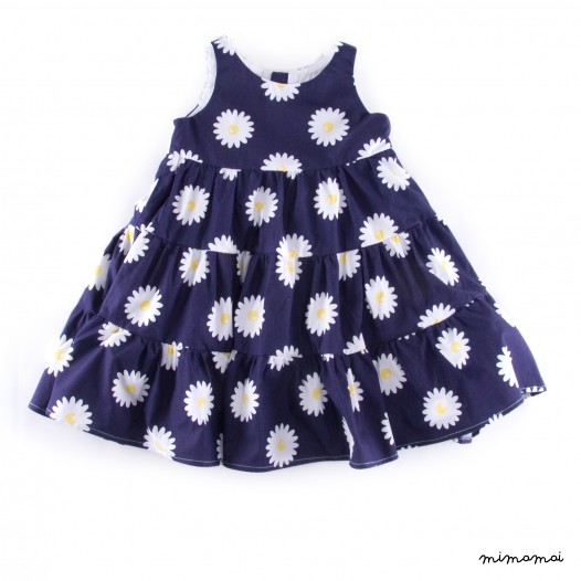 Flounced summer dress in navy with "marguerite" print