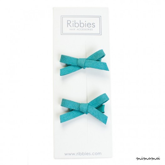 Pair of Suede Bows Hair Clips - Turquoise