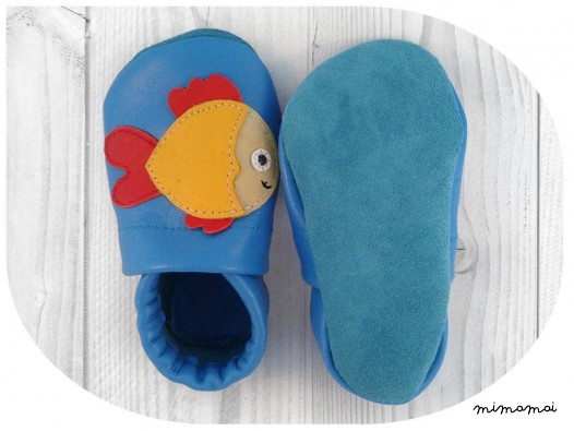 Pantofole, scarpe in pelle suola morbida a mano - pesce blu-rosso-