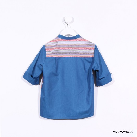 3/4 Sleeved Slip-on Shirt orange stripes and denim