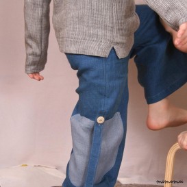 Linen emerald blue long shorts with grey pockets