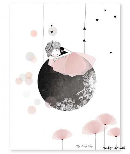 Affiche romantique fillette sur la lune