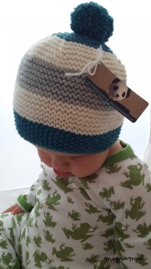 6-12 month baby knitted striped Bobble pompom hat in Peacock Green