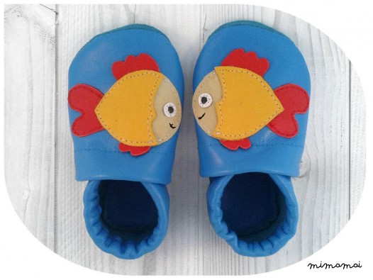 Pantofole, scarpe in pelle suola morbida a mano - pesce blu-rosso-