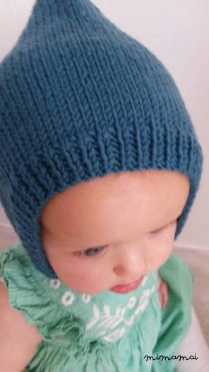 Pixie bonnet cap knit in teal green merino wool