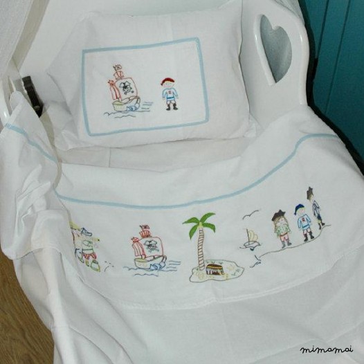 Pirates baby sheet pillowcase hand embroidered cradle stroller nursery