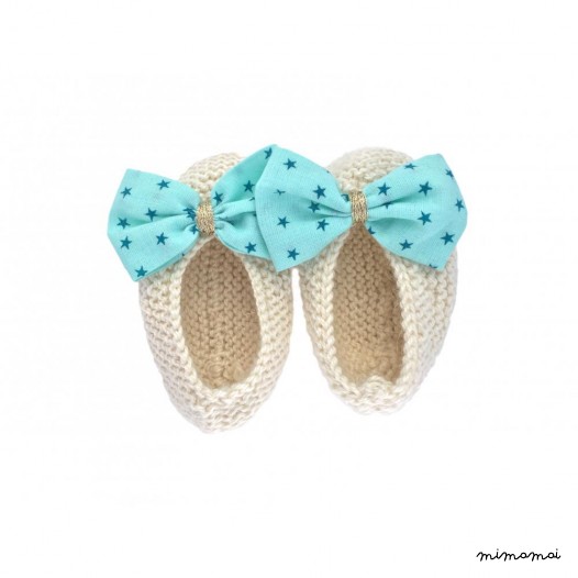 Chaussons ballerines &eacute;cru n&oelig;ud tissu &eacute;toil&eacute; turquoise
