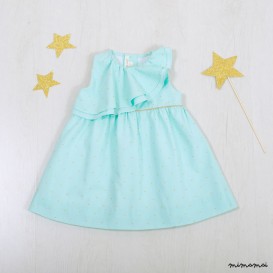 Sleeve-less dress, 100% cotton toddler dress, Aqua colour girls dress, Golden dots dress