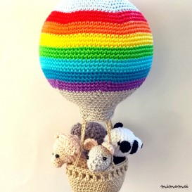 Rainbow nursery hot air balloon decoration, crochet animals in a hot air balloon