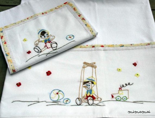 Pinocchio baby linen sheet pillowcase,hand embroidered, cradle, christening gift