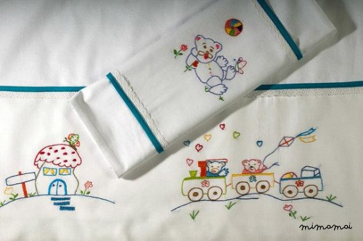 Baby linen sheet pillowcase hand embroidered carousel cradle stroller nursery christening gift