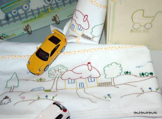 baby linen sheet pillowcase hand embroidered cradle stroller walk in the countryside nursery