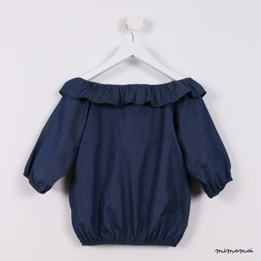 Peasant Top with Frill blue denim