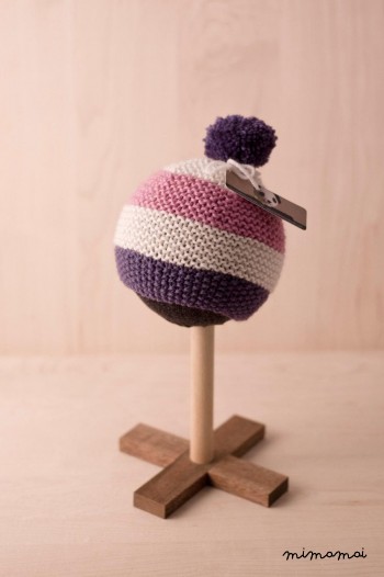 Newborn hat, baby knitted hat, striped Bobble pompom hat in indigo