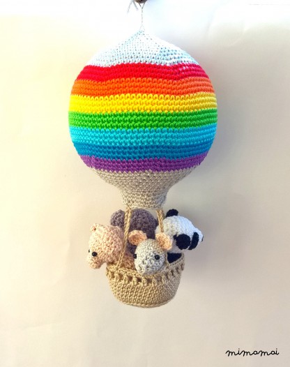 Rainbow nursery hot air balloon decoration, crochet animals in a hot air balloon